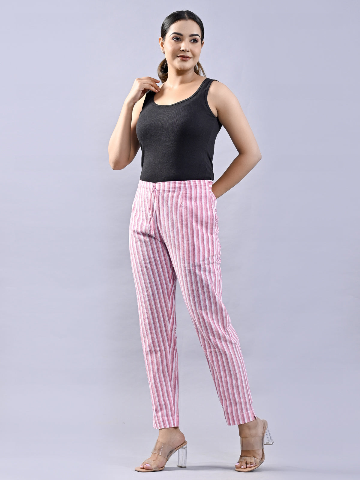 QuaClo Women Pink & White Stripe Regular Fit Cotton Trouser