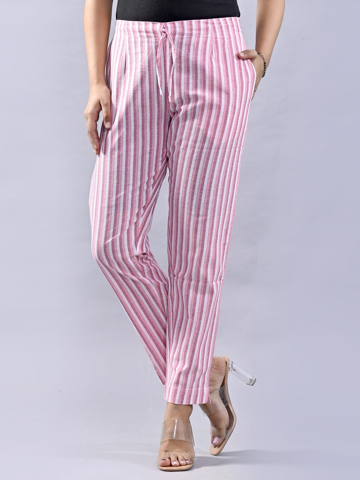 Pack Of 2 Light Grey And Pink Womens Cotton Stripe Pants Combo