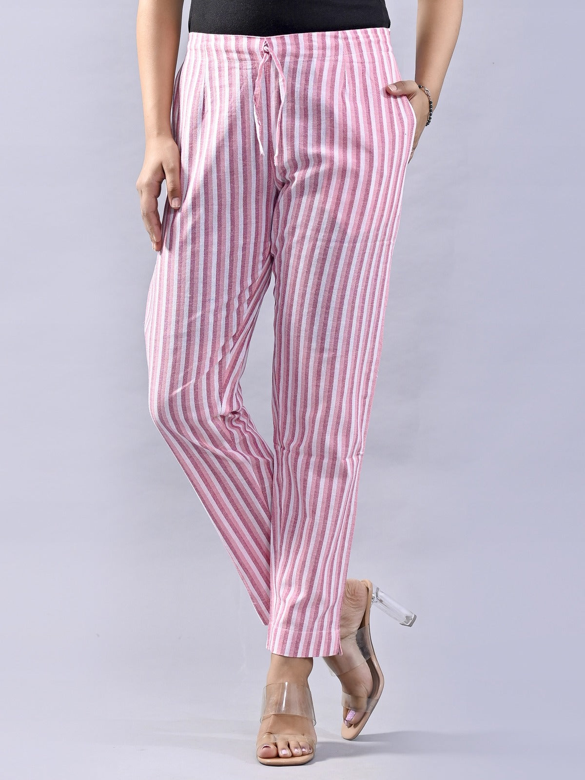 Pack Of 2 Green And Pink Womens Cotton Stripe Pants Combo