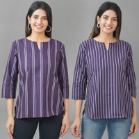 Pack Of 2 Purple And Dark Purple Striped Cotton Womens Top Combo