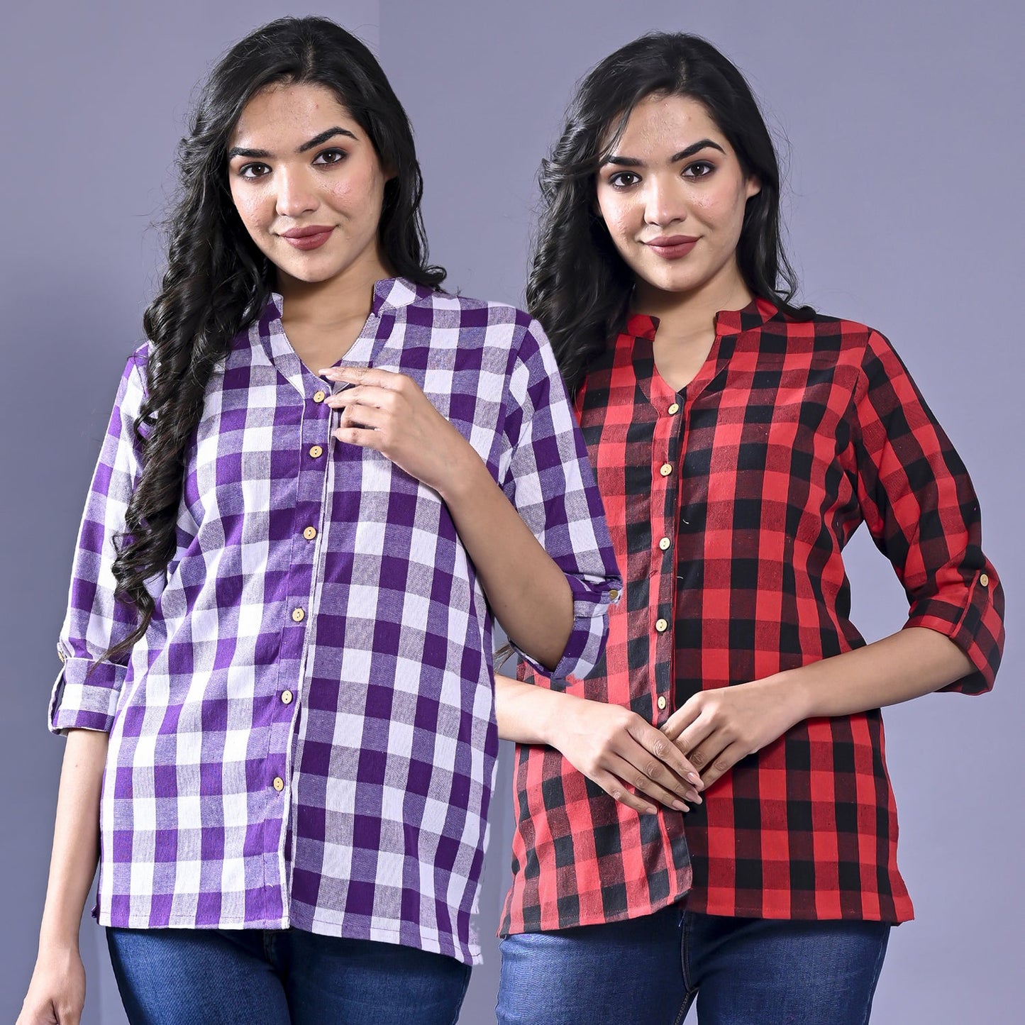 Pack Of 2 Womens Purple And Red Chekerd Casual Shirt Combo