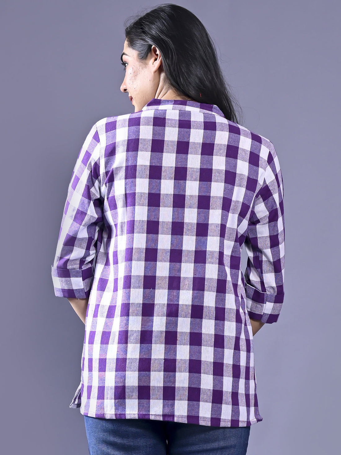 Women Regular Fit Purple Checkered Mandarin Collar Casual Shirt