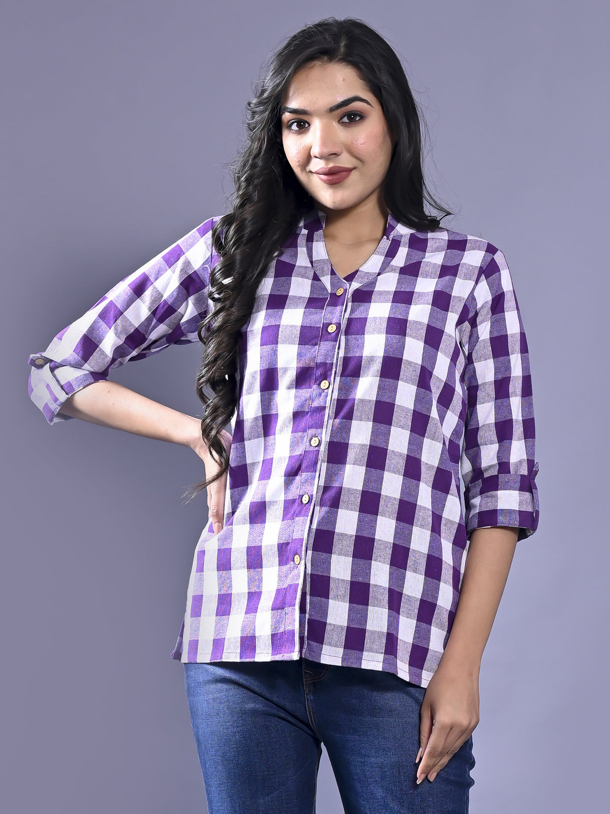 Women Regular Fit Purple Checkered Mandarin Collar Casual Shirt