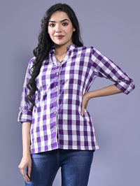 Women Regular Fit Purple Checkered Mandarin Collar Casual Shirt