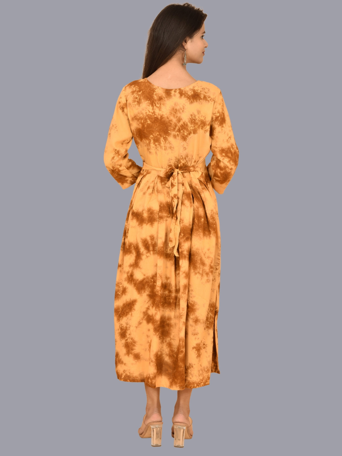 Women Beige Tie Dye Long Dress Rayon 3/4 Sleeve Dress