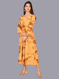 Women Beige Tie Dye Long Dress Rayon 3/4 Sleeve Dress