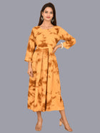 Women Beige Tie Dye Long Dress Rayon 3/4 Sleeve Dress