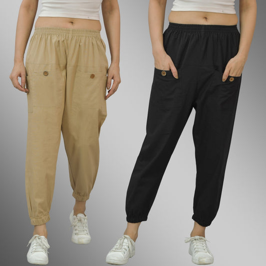 Combo Pack Of Womens Beige And Black Four Pocket Cotton Cargo Pants