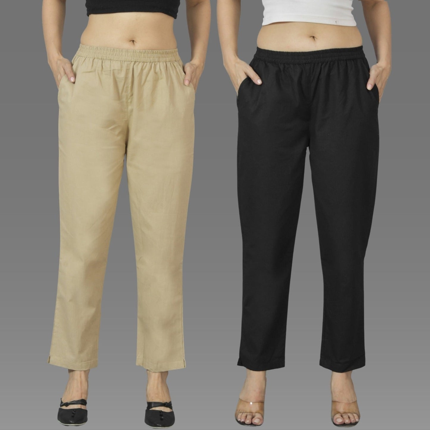 Pack Of 2 Womens Beige And Black Deep Pocket Fully Elastic Cotton Trouser