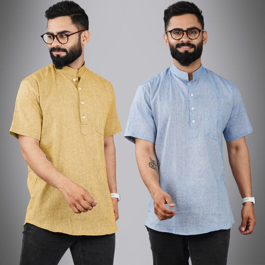 Pack Of 2 Mens Regular Fit Beige And Blue Half Sleeve Cotton Short Kurta Combo