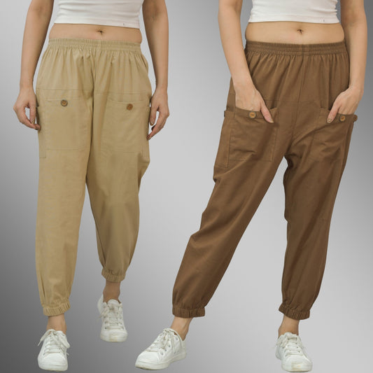 Combo Pack Of Womens Beige And Brown Four Pocket Cotton Cargo Pants