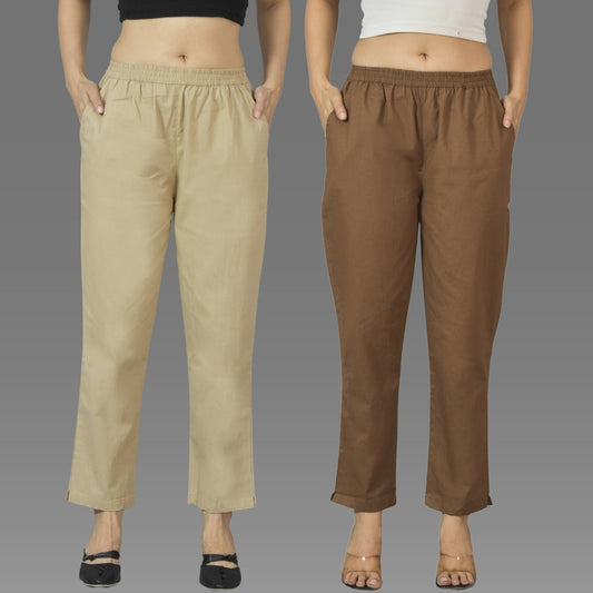 Pack Of 2 Womens Beige And Brown Deep Pocket Fully Elastic Cotton Trouser