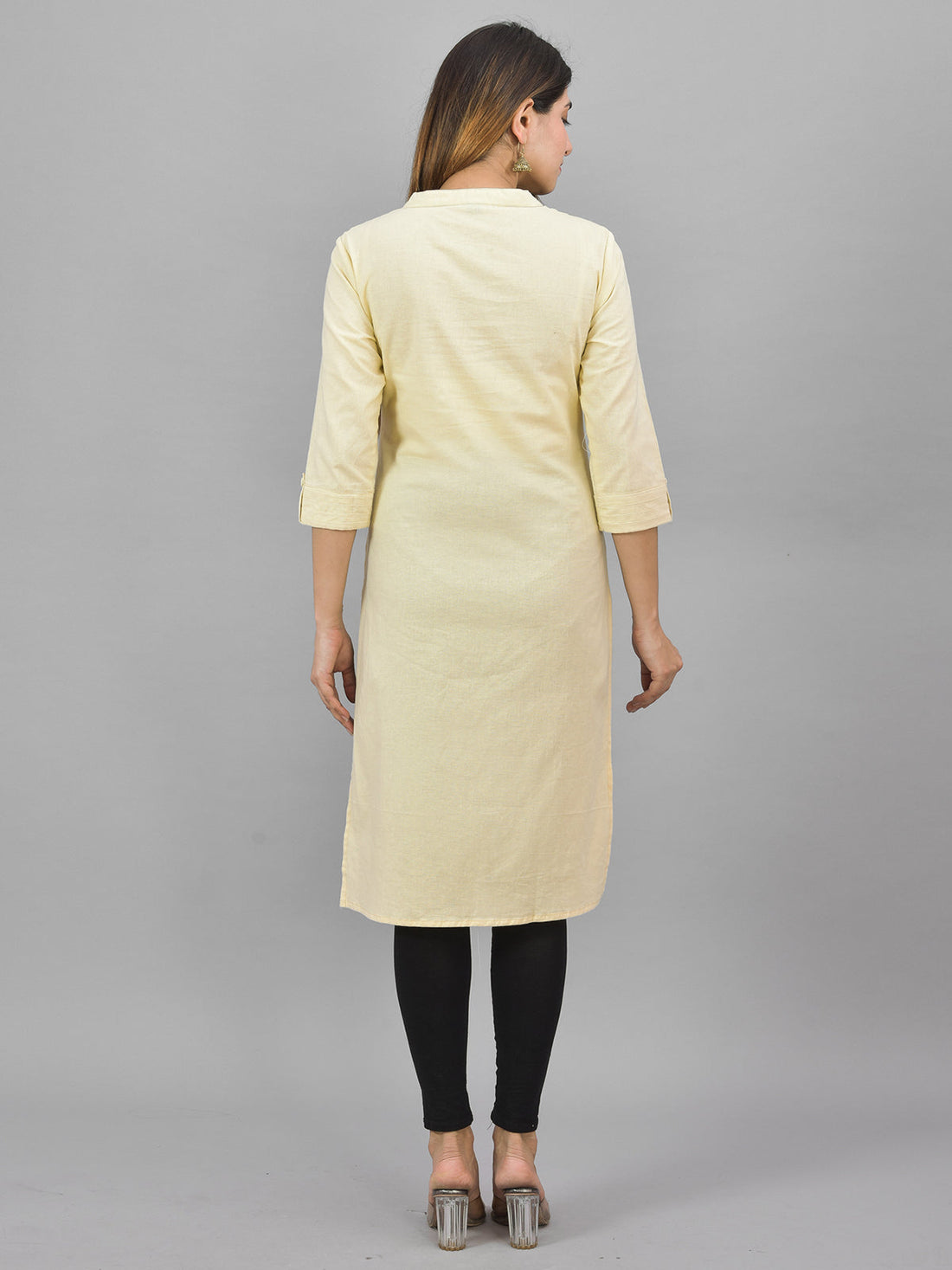 Womens Solid Beige Three Fourth Sleeve Cotton Straight Kurti