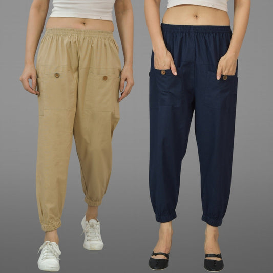 Combo Pack Of Womens Beige And Dark Blue Four Pocket Cotton Cargo Pants