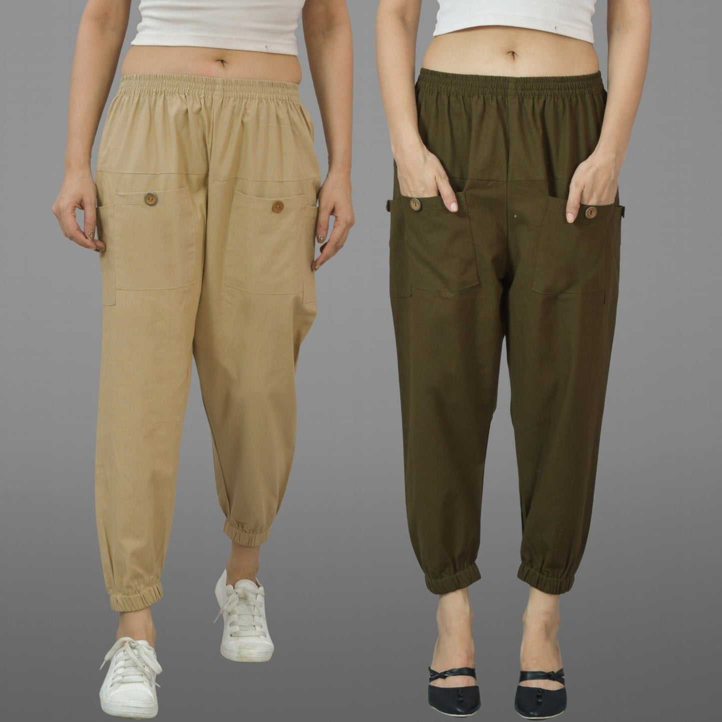 Combo Pack Of Womens Beige And Dark Green Four Pocket Cotton Cargo Pants