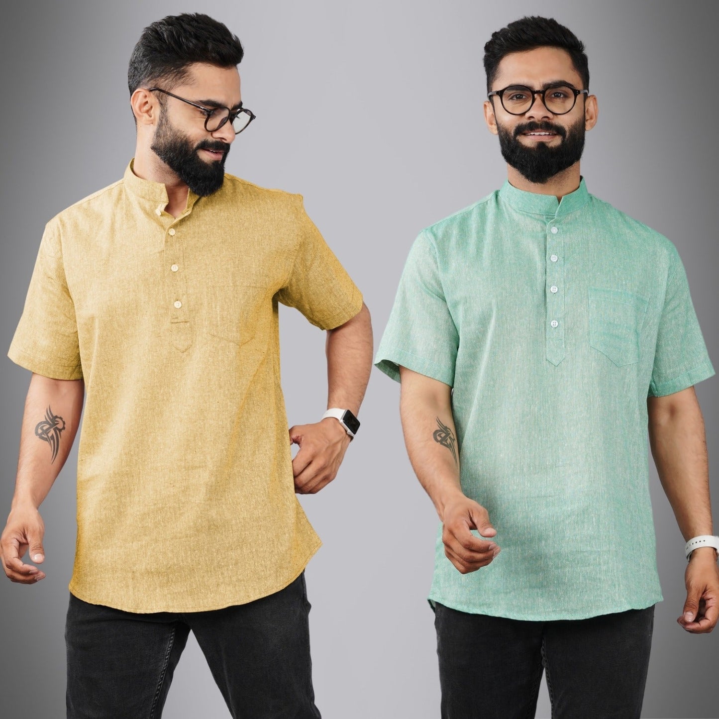 Pack Of 2 Mens Regular Fit Beige And Green Half Sleeve Cotton Short Kurta Combo