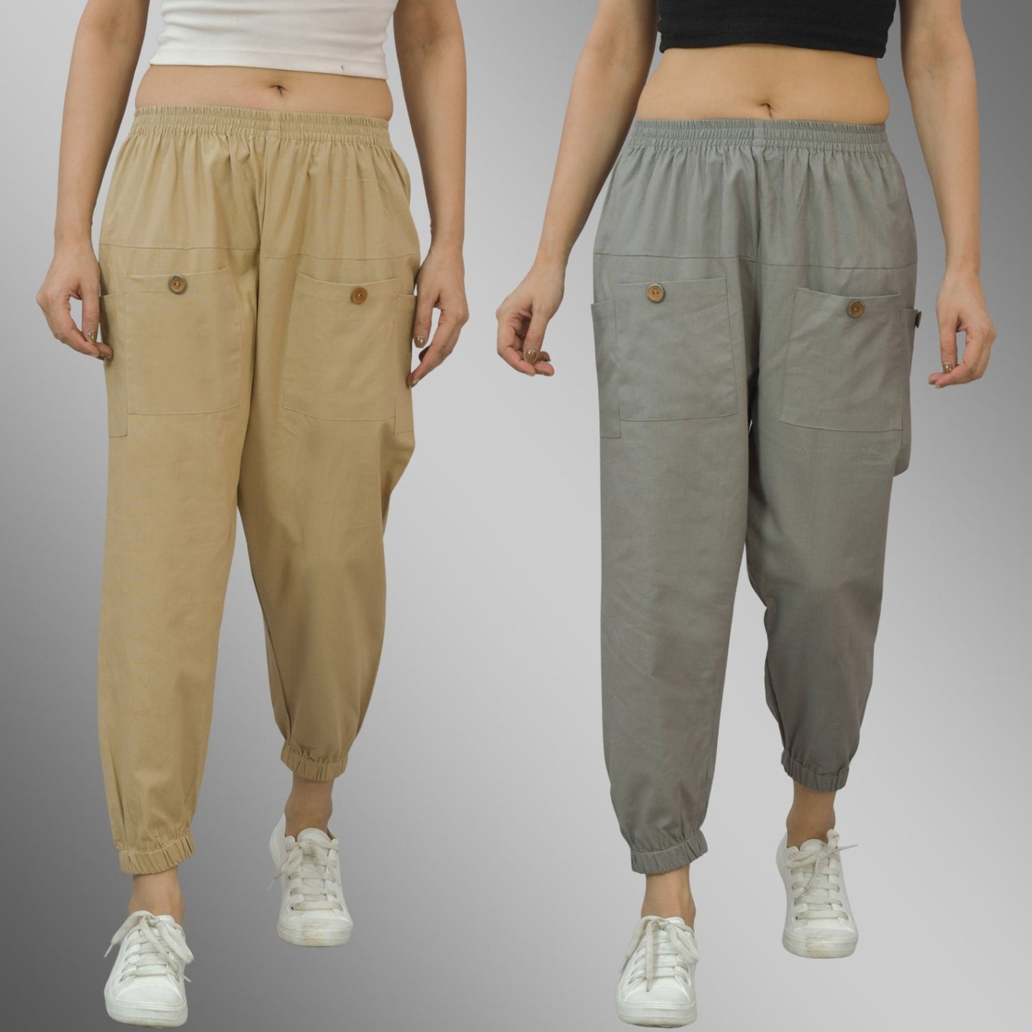 Combo Pack Of Womens Beige And Grey Four Pocket Cotton Cargo Pants