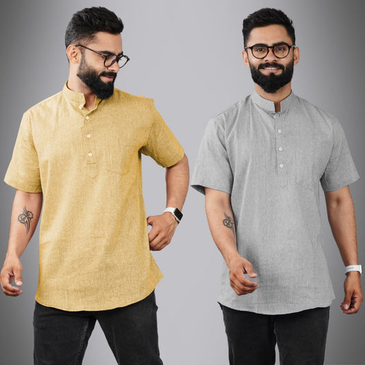 Pack Of 2 Mens Regular Fit Beige And Grey Half Sleeve Cotton Short Kurta Combo