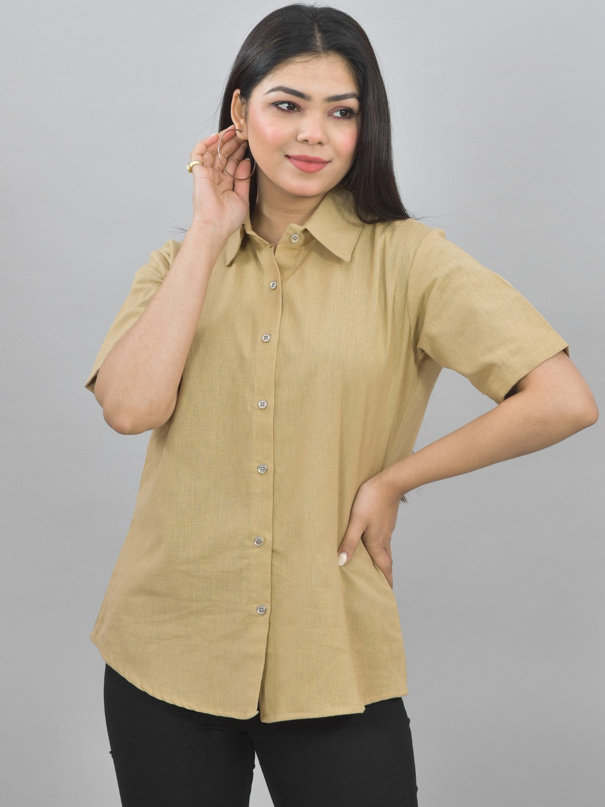 Women Solid Beige Half Sleeve Spread Collar Cotton Shirt