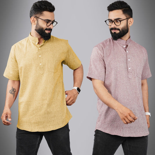 Pack Of 2 Mens Regular Fit Beige And Magenta Half Sleeve Cotton Short Kurta Combo