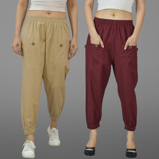 Combo Pack Of Womens Beige And Maroon Four Pocket Cotton Cargo Pants