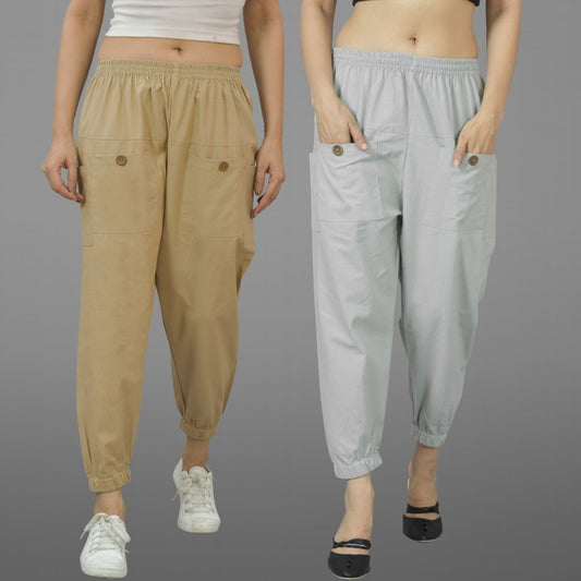 Combo Pack Of Womens Beige And Melange Grey Four Pocket Cotton Cargo Pants