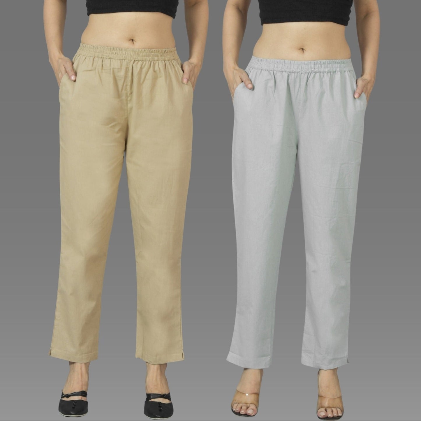 Pack Of 2 Womens Beige And Melange Grey Deep Pocket Fully Elastic Cotton Trouser