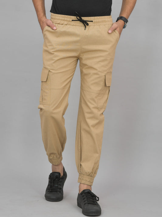 Mens Beige Regular Fit 5 Pocket Cotton Cargo Pants