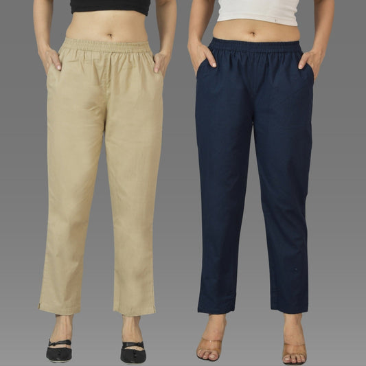 Pack Of 2 Womens Beige And Navy Blue Deep Pocket Fully Elastic Cotton Trouser