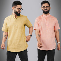 Pack Of 2 Mens Regular Fit Beige And Orange Half Sleeve Cotton Short Kurta Combo