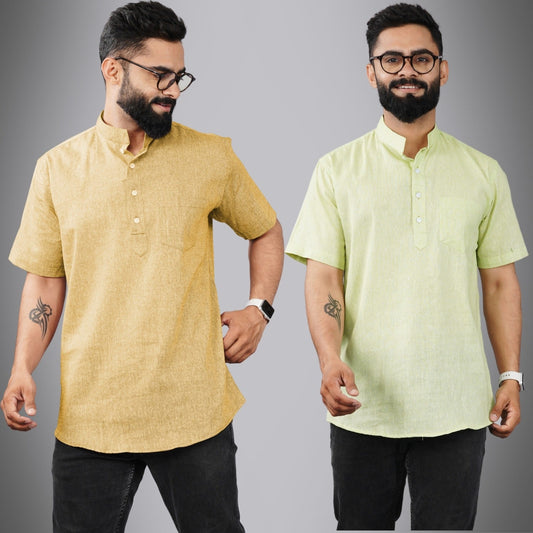 Pack Of 2 Mens Regular Fit Beige And Parrot Green Half Sleeve Cotton Short Kurta Combo