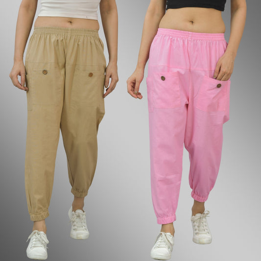 Combo Pack Of Womens Beige And Pink Four Pocket Cotton Cargo Pants
