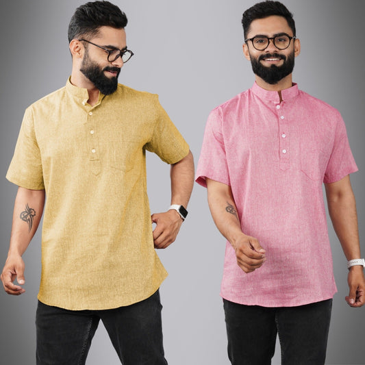 Pack Of 2 Mens Regular Fit Beige And Pink Half Sleeve Cotton Short Kurta Combo