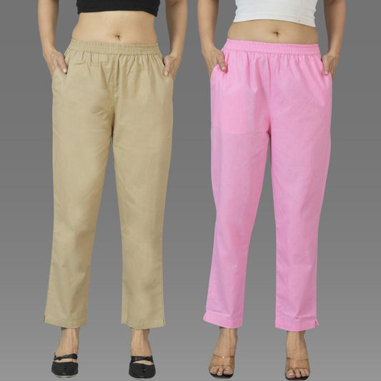 Pack Of 2 Womens Beige And Pink Deep Pocket Fully Elastic Cotton Trouser