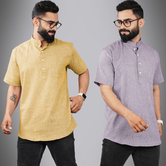 Pack Of 2 Mens Regular Fit Beige And Purple Half Sleeve Cotton Short Kurta Combo