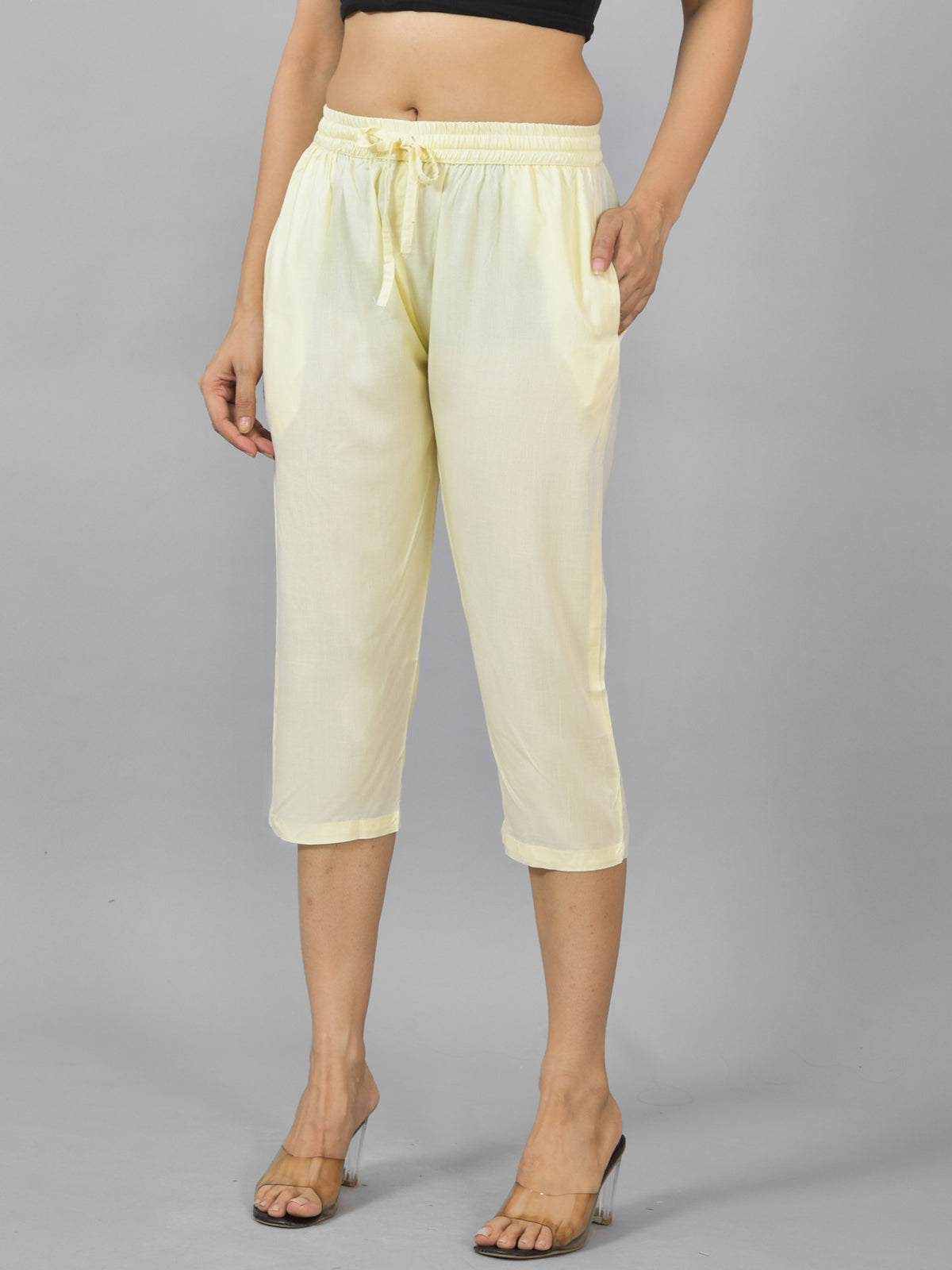 Women Solid Beige Rayon Calf Length Culottes Trouser