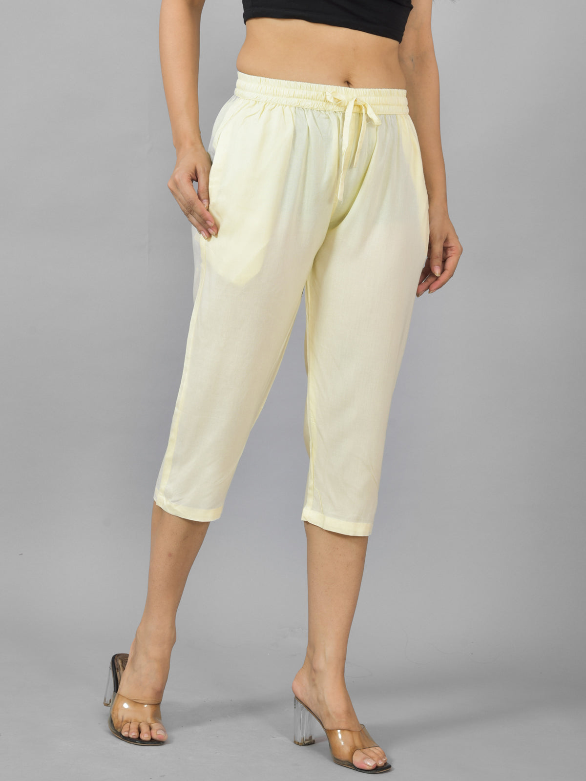 Women Solid Beige Rayon Calf Length Culottes Trouser