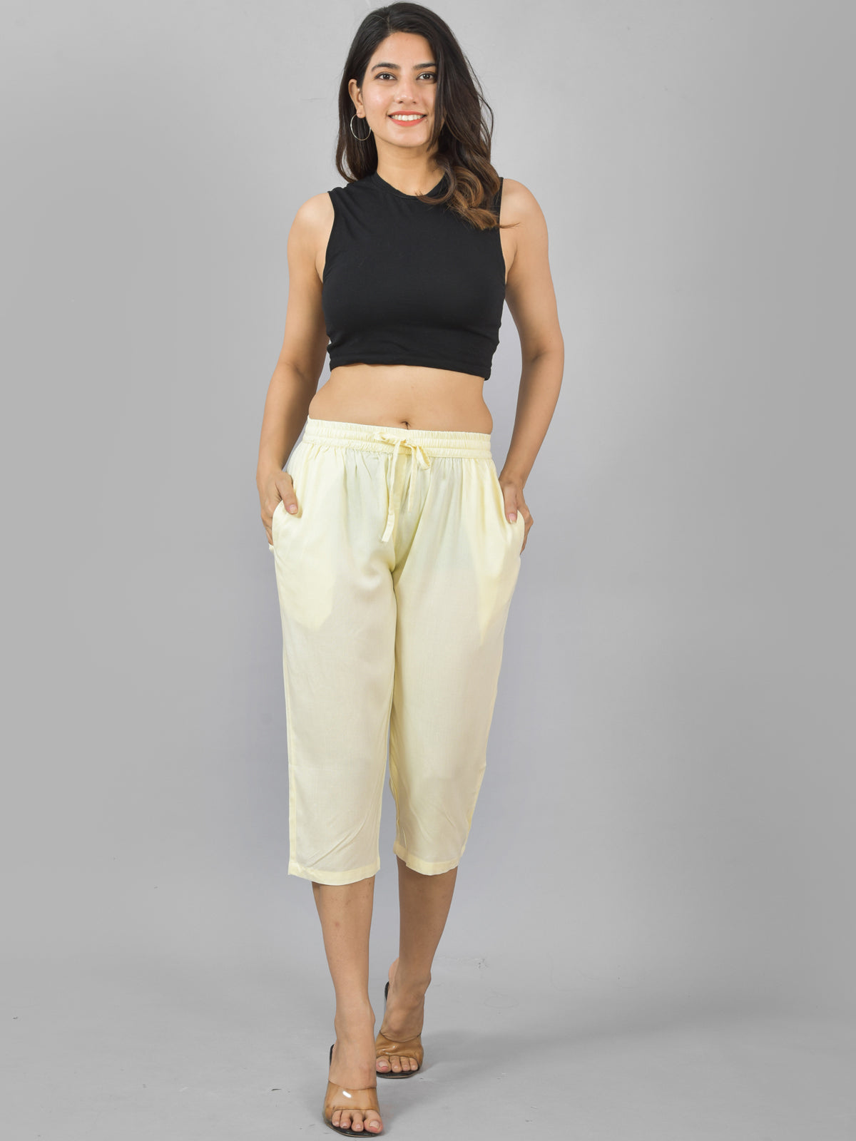 Women Solid Beige Rayon Calf Length Culottes Trouser