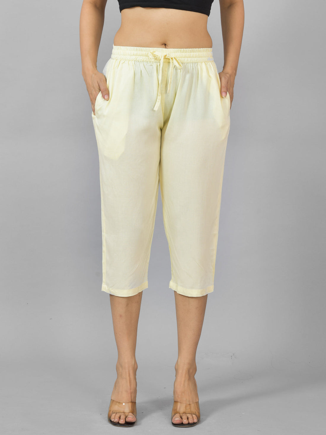 Pack Of 2 Womens Beige And Black Calf Length Rayon Culottes Trouser Combo