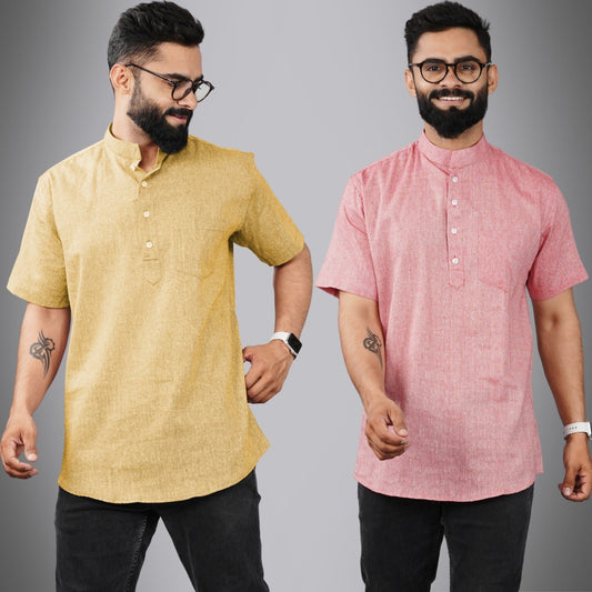 Pack Of 2 Mens Regular Fit Beige And Red Half Sleeve Cotton Short Kurta Combo