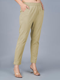 Women's Beige Regular Fit Elastic Cotton Trouser