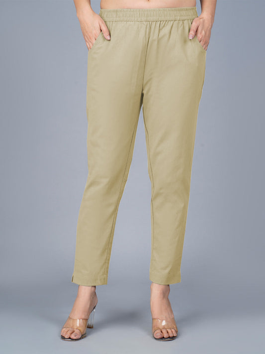 Women's Beige Regular Fit Elastic Cotton Trouser
