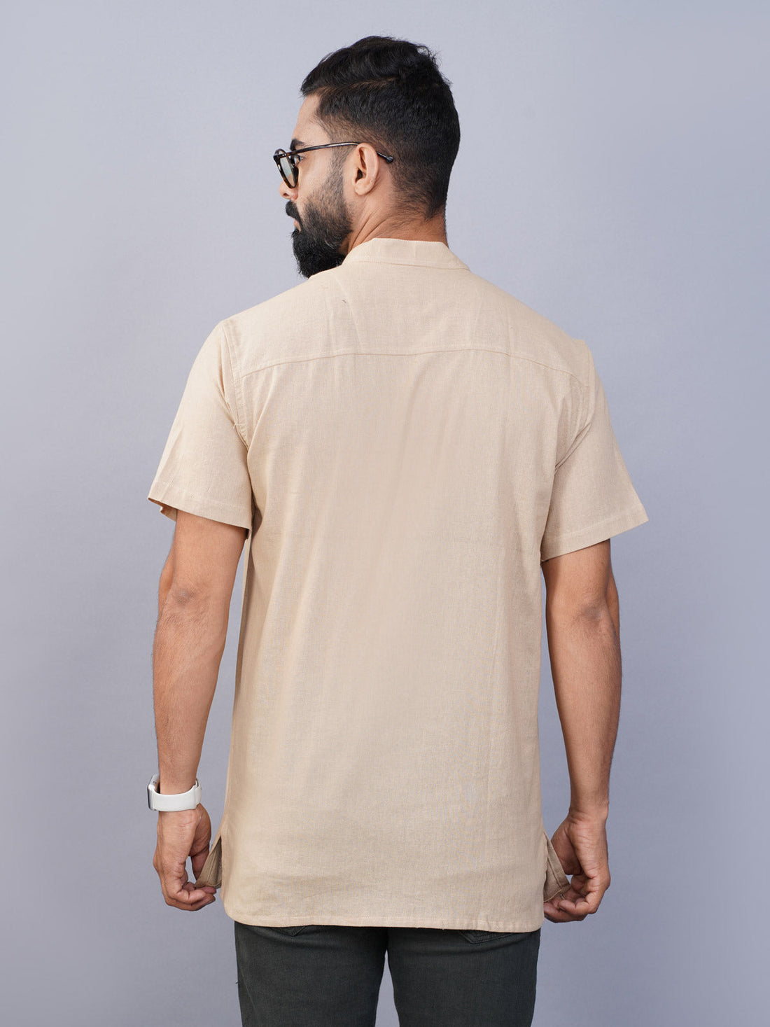 Solid Beige Regular Fit Cotton Straight Short Kurta