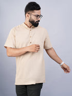 Solid Beige Regular Fit Cotton Straight Short Kurta