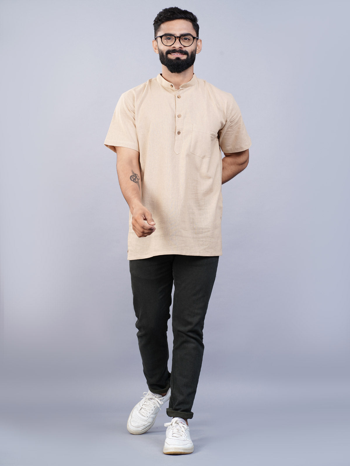 Mens Regualr Fit Solid Beige Cotton Straight Short Kurta