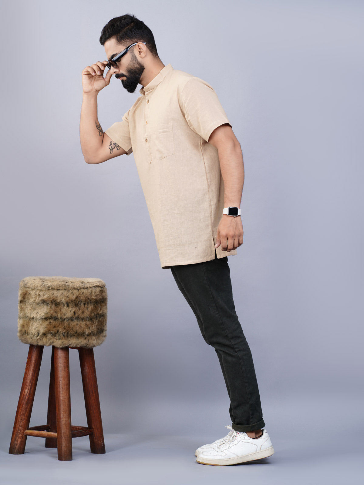 Mens Regualr Fit Solid Beige Cotton Straight Short Kurta