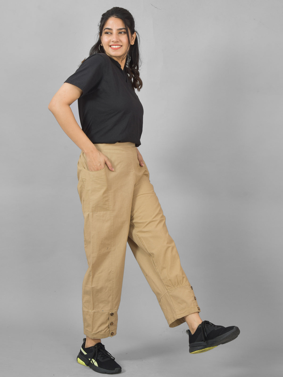 Combo Pack Of Womens Beige And Black Side Pocket Straight Cargo Pants