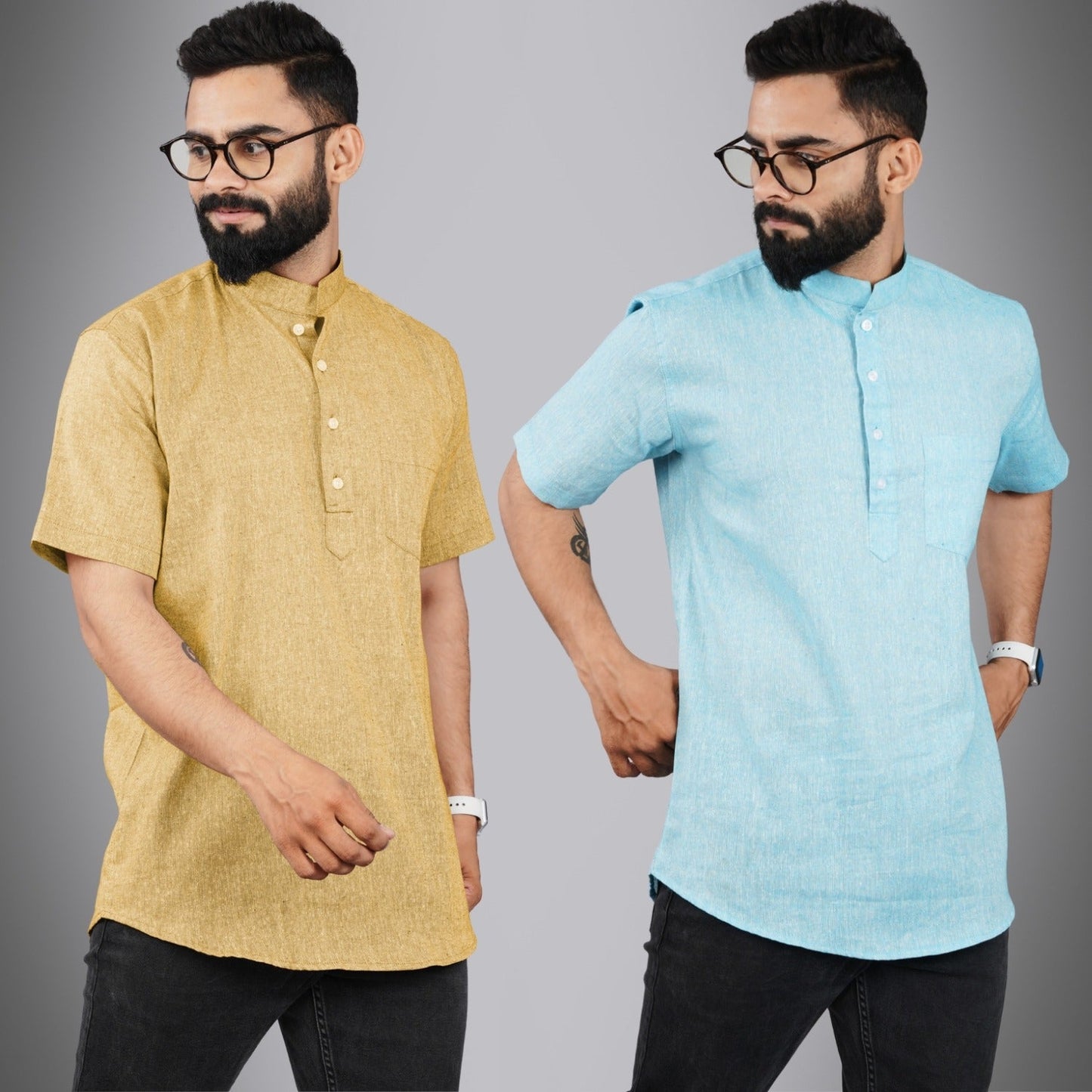 Pack Of 2 Mens Regular Fit Beige And Sky Blue Half Sleeve Cotton Short Kurta Combo