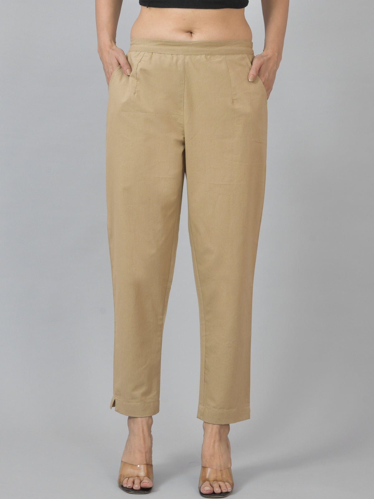 Women Regular Fit Deep Pocket Solid Beige Half Elastic Cotton Pants