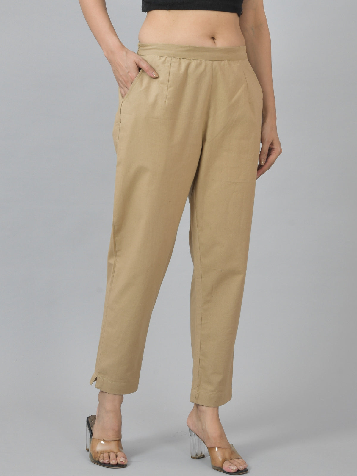 Women Regular Fit Deep Pocket Solid Beige Half Elastic Cotton Pants